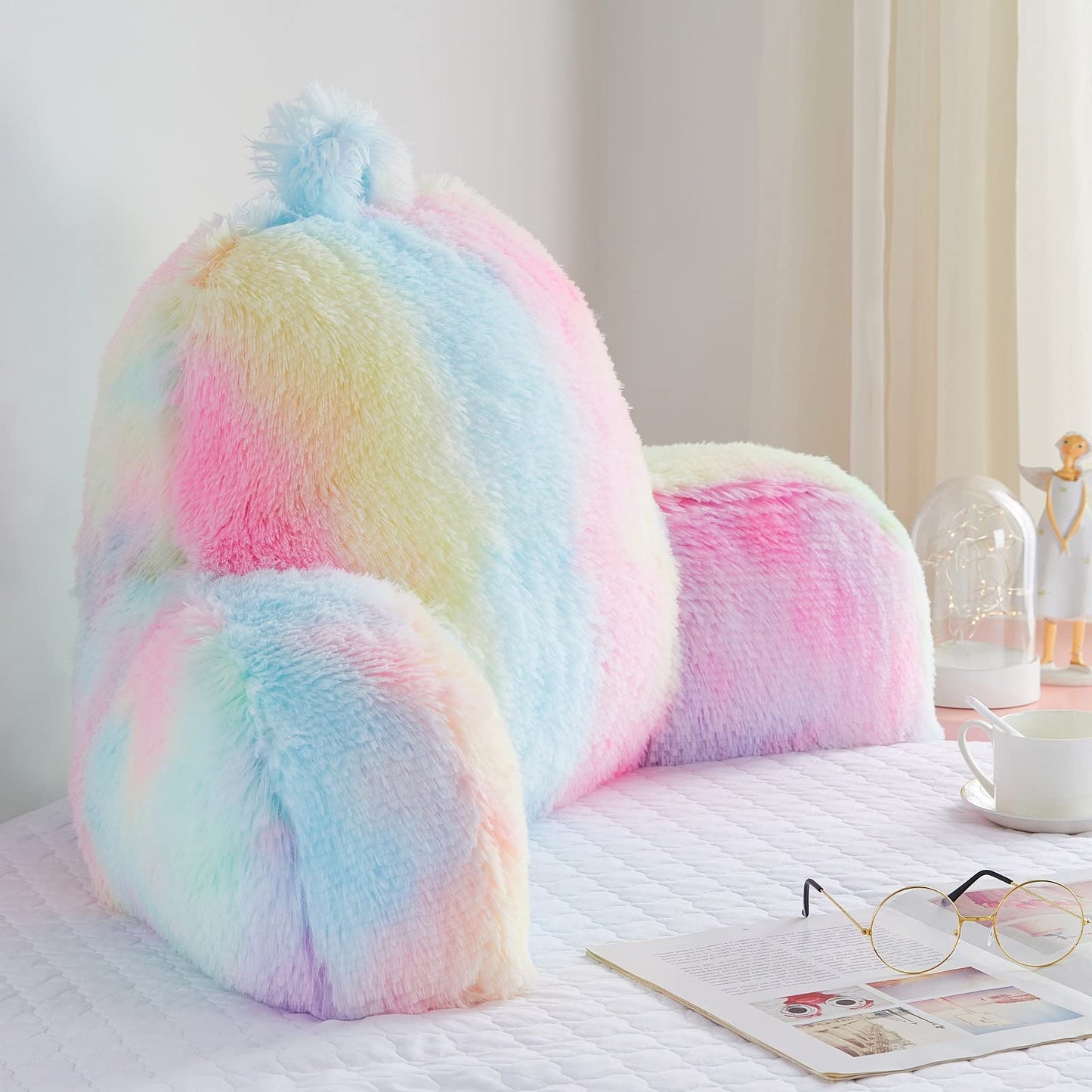 Hobed Life Faux Fur Backrest Pillow for Kids, Teen Reading Pillow with Arms, Fluffy Back Support Pillow for Sitting Up in Bed/Couch, Bed Wedge Pillow for Girls, Reading & Bed Rest Pillows (Pink)