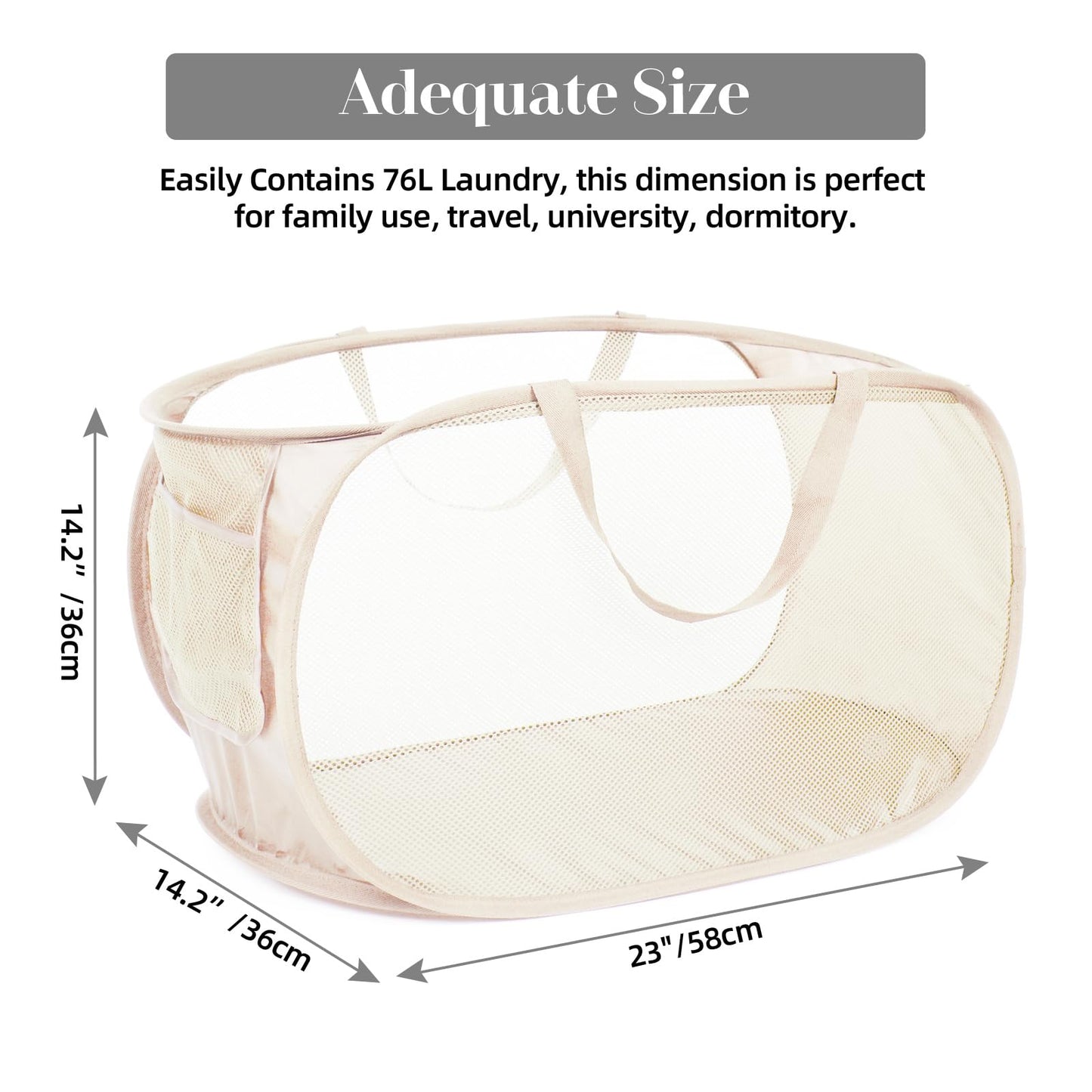 Durable Collapsible Laundry Baskets, Mesh Pop Up Laundry Hamper with Side Pocket, Foldable Clothes Hamper with Reinforced Carry Handles for Laundry, Bathroom, Kids Room, Dorm or Travel 2 Pack Beige