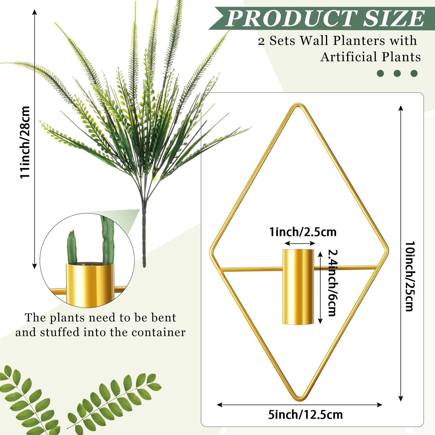 Canlierr 2 Pieces Gold Wall Decor Hanging Planters with Artificial Plants Metal Vase Indoor Plants Holder Modern Geometric Wall Art for Home Bathroom Bedroom Living Room Office(Boston Fern,Large)