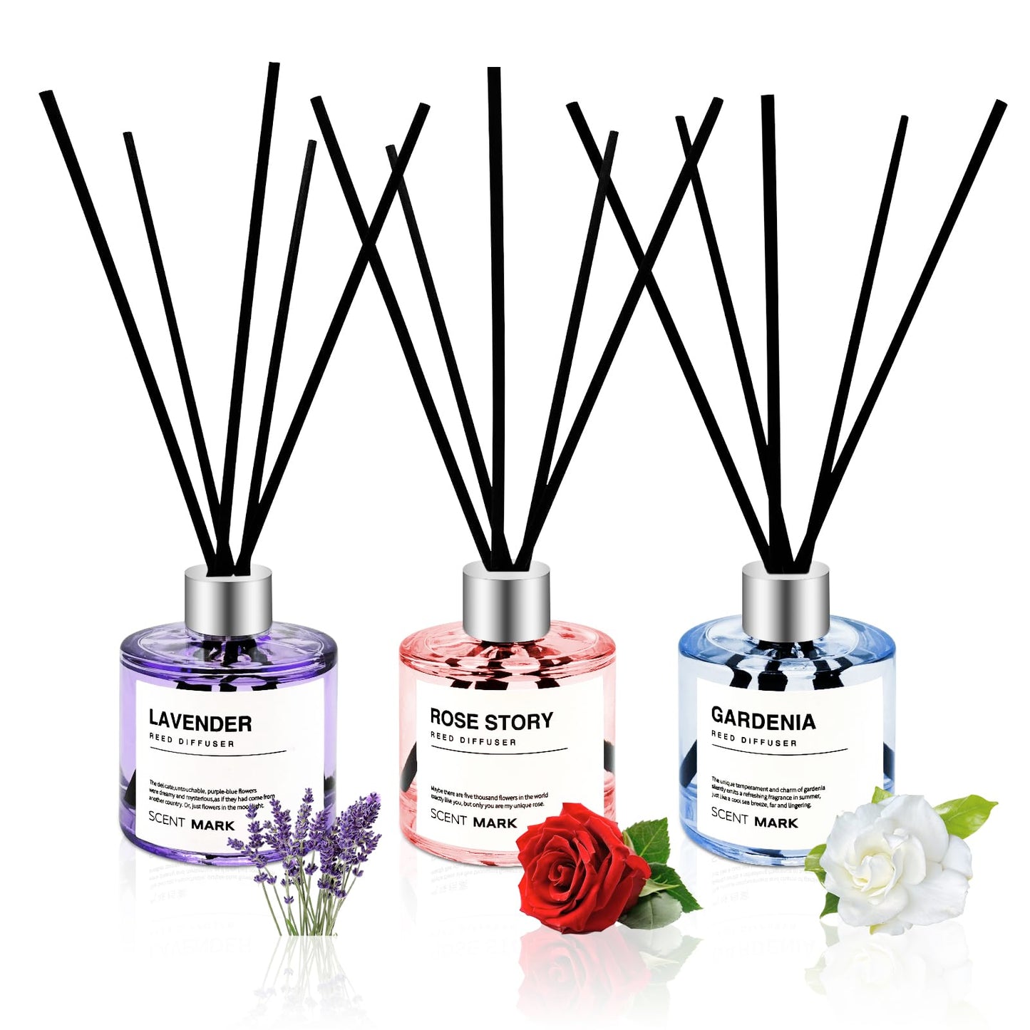 POWSHELF Reed Diffuser Set of 3 Pack,50ML Lavender Rose Gardenia Scented Oil Diffuser with 5 Sticks,Home Fragrance Reed Diffuser for Bedroom Bathroom Office (Lavender/Rose/Gardenia)