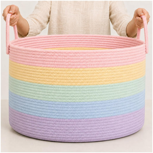 OrganiHaus Rainbow Toy Basket & Blanket Storage Bin, Nursery 20x13"