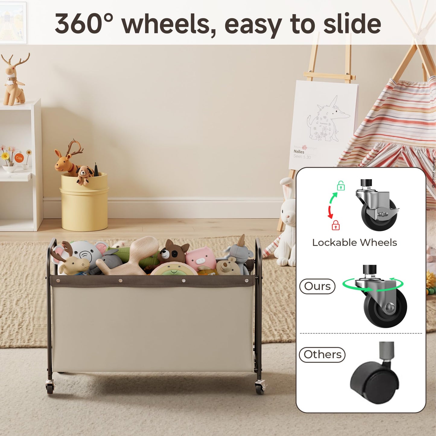 StorageWorks Toy Box with Wheels for Kids, 135L Large Toy Storage Chest and Organizer, 23" Metal Toybox with 360° Swivel Wheels for Bedroom, Kids Room, Stuffed Animal Storage, Light Khaki