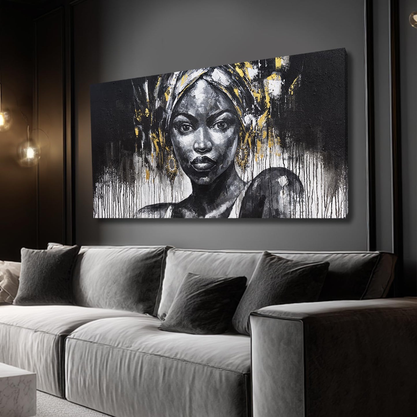 ZUNARE African American Portrait Canvas Wall Art Black and White Pictures with Gold Accents, Modern Cultural Black Woman Artwork for Living Room Bedroom Decor 24x48