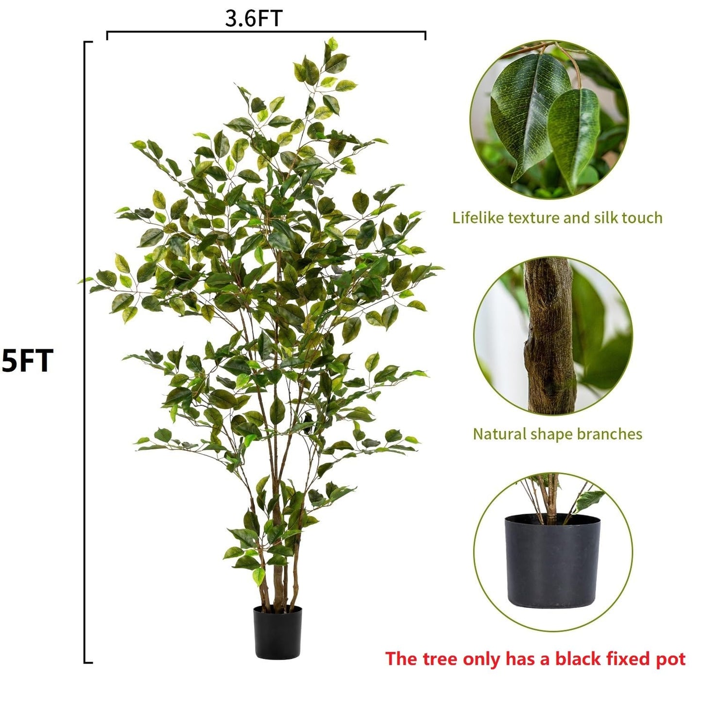 Bailikang Artificial Ficus Tree Indoor 5ft, Large Potted Faux Tree with Realistic Silk Leaves & Trunk for Home Office, Living Room Corner Decor