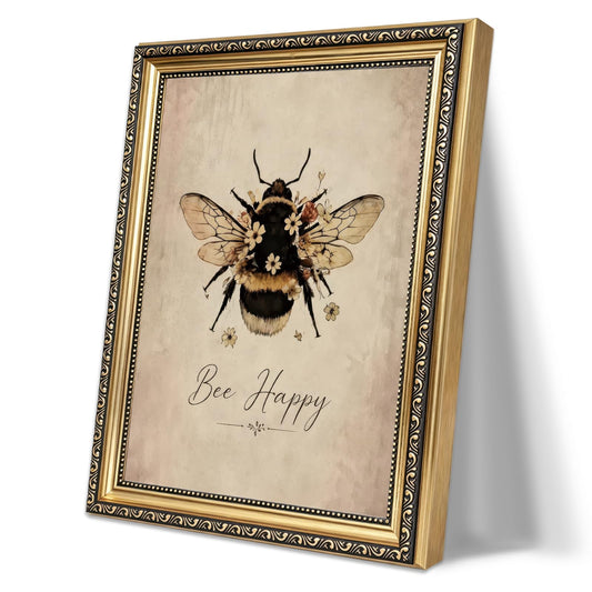 Vintage Honey Bee Happy Framed Wall Art Antique Queen Bumblebee Botanical Illustration Canvas Print Watercolor Insect Flower Picture Cottagecore for Living Room Bedroom Kitchen Home Office Gallery Wall Decor Gift for Art Lovers Friends New Homeowners 9x11