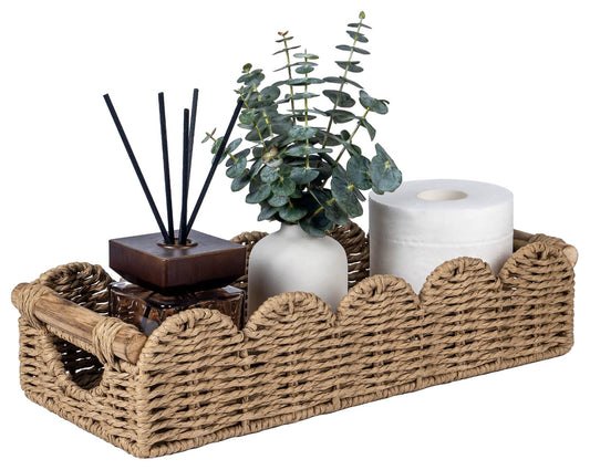 CubesLand Bathroom Basket Organizer w/Cut Out Handle, Back of Toilet Paper Storage Baskets Tray for Bathroom Countertop Decorative, Scalloped Wicker Basket Also for Home Decor, Living Room, Neutral