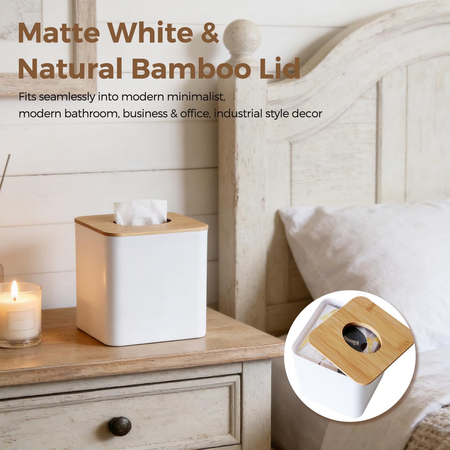 White Tissue Box Cover, Square Tissue Box Holder with Bamboo Cover Plate, Cube Tissue Box Cover for Desk Accessories, Decorative Tissue Box Tissue Holder for Bathroom Office