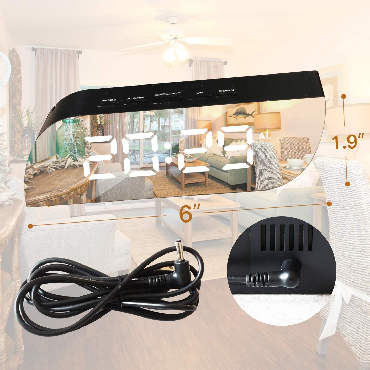 Betus Aesthetic Digital Alarm Clock Mirror Surface - Dimmer Night Mode, Large LED Digits Display, Easy Snooze - USB & Battery Operated - Bedroom, Office, Travel Portable (Black)
