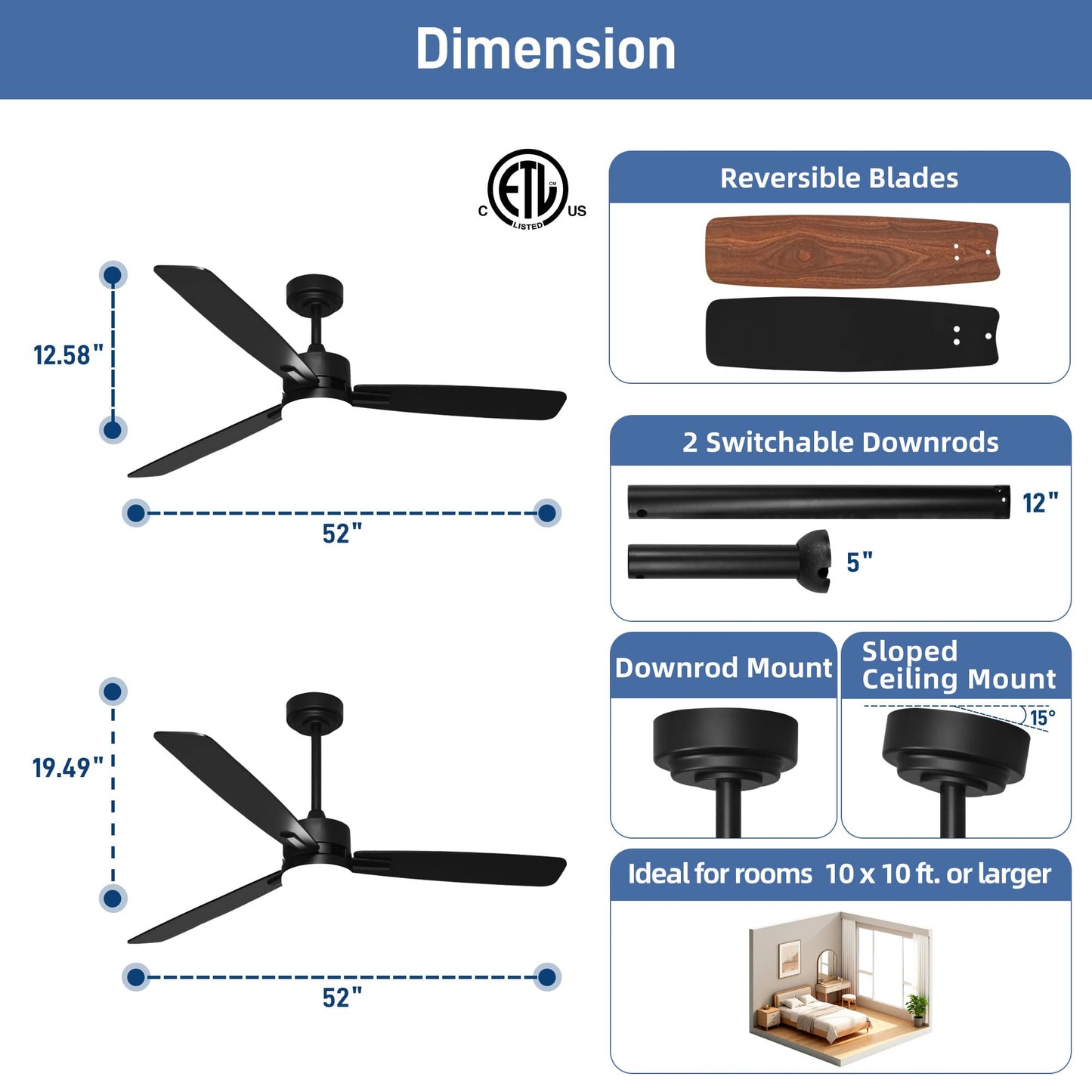 hykolity 52 Inch Ceiling Fan with Light and Remote Control, 3CCT Dimmable LED Light, Downrod & Flush Mount, Quiet DC Motor, Modern Black Ceiling Fans for Bedroom Living Room Indoor