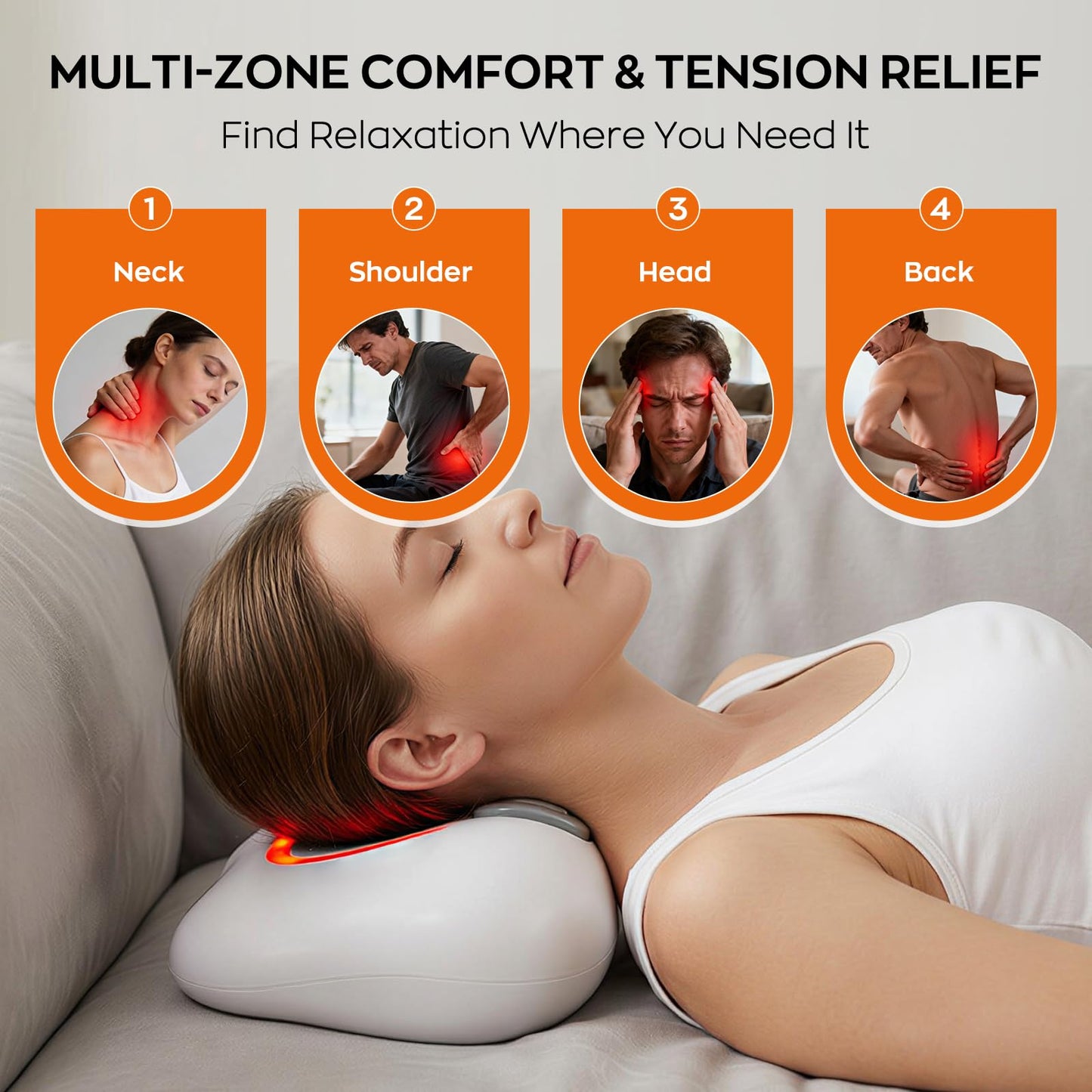 HUADUO-BEAUTY 3-in-1 Shiatsu Neck & Back Massager with Heat, Vibration & Airbag Traction, Portable Cordless Electric Massage Pillow Ergonomic Design for Deep Tissue Pain Relief Muscle Relax