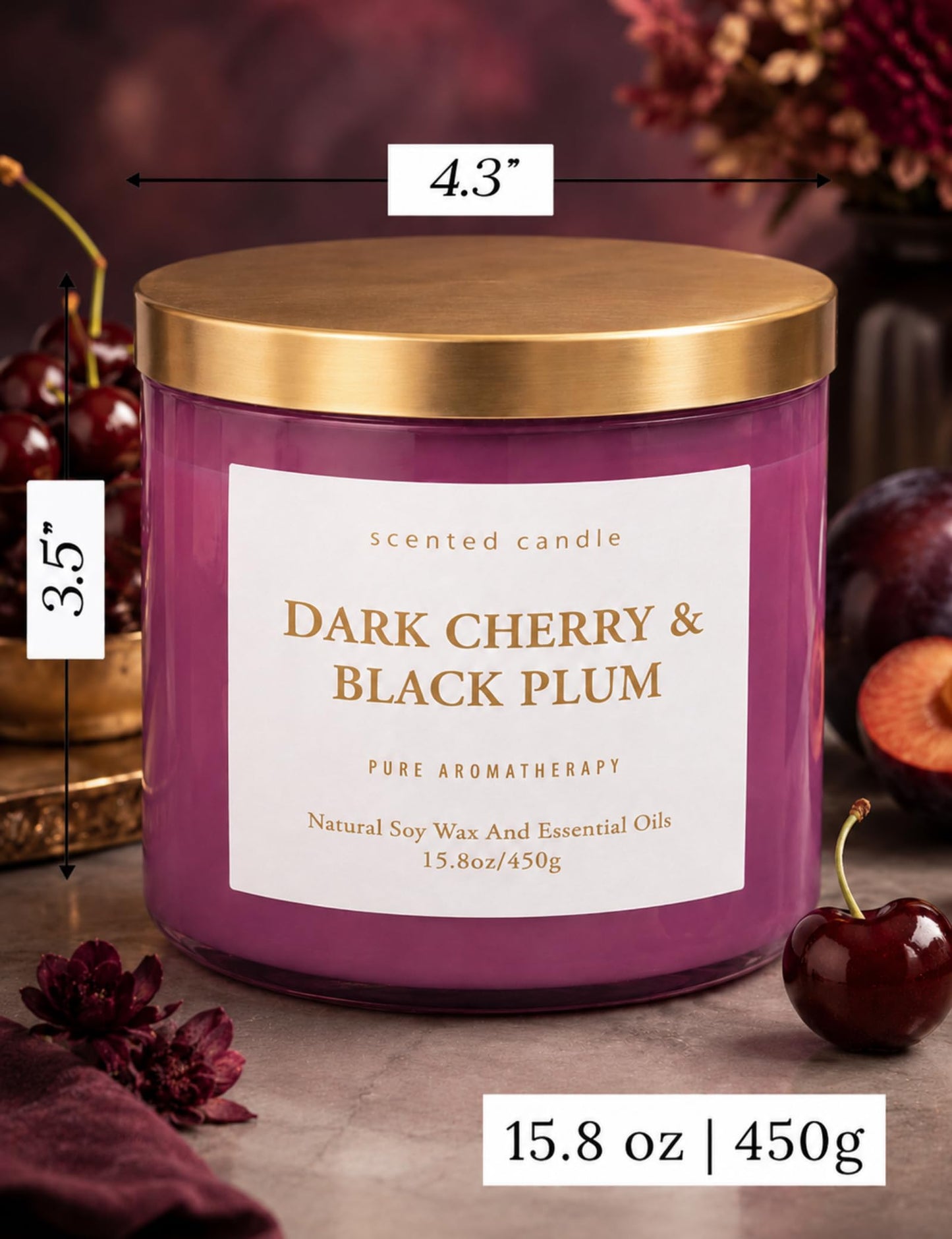 Dark Cherry Black Plum 3-Wick Soy Candle, 15.8 oz Scented Candle for Home