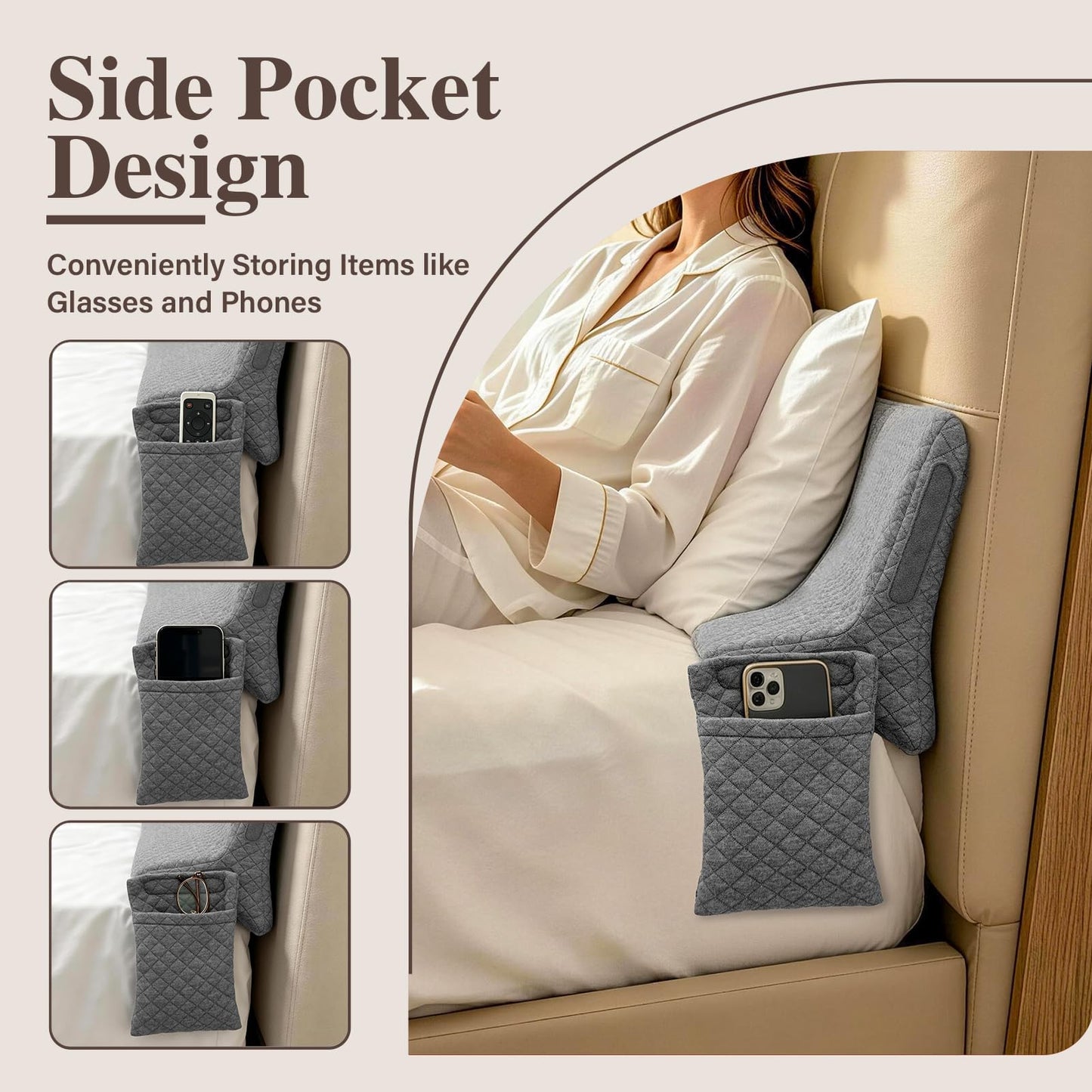 JZHLLA Triangle Bed Gap Filler King High Density Foam Headboard Gap Filler Pillow with 2 PCS Pockets and Removable Washable Cover, Prevent Items from Falling