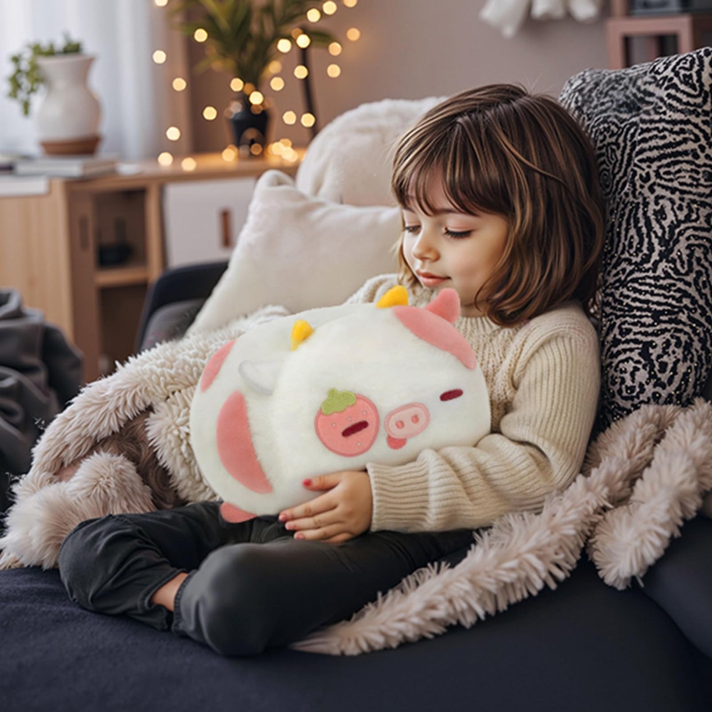 Mewaii Strawberry Cow Plush Pillow, Kawaii Cow Stuffed Animals, Cute Plushies for Girls, Soft Pink Cow Plush, Birthday Gifts for Kids Adults Teens (8 Inch)