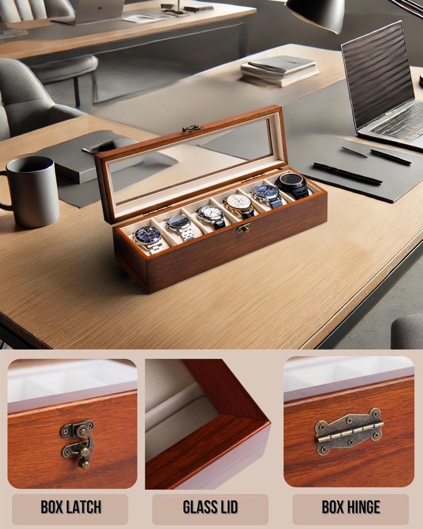 Exper City Watch Box, Watch Case for Men Women with Large Glass Lid, Wooden Watch Display Storage Box with 6 - Slots, Classic Walnut Mens Watch Box Organizer
