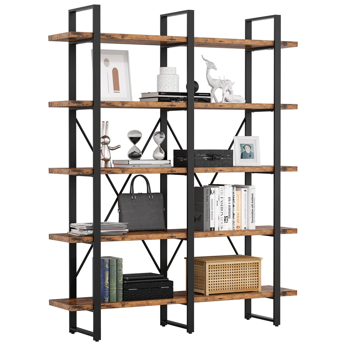 IRONCK Industrial Bookshelf and Bookcase Double Wide 5 Tier, Large Open Shelves, Wood and Metal Bookshelves for Home Office Furniture, Easy Assembly