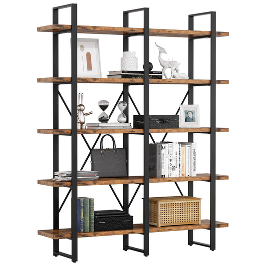 IRONCK Industrial Bookshelf and Bookcase Double Wide 5 Tier, Large Open Shelves, Wood and Metal Bookshelves for Home Office Furniture, Easy Assembly