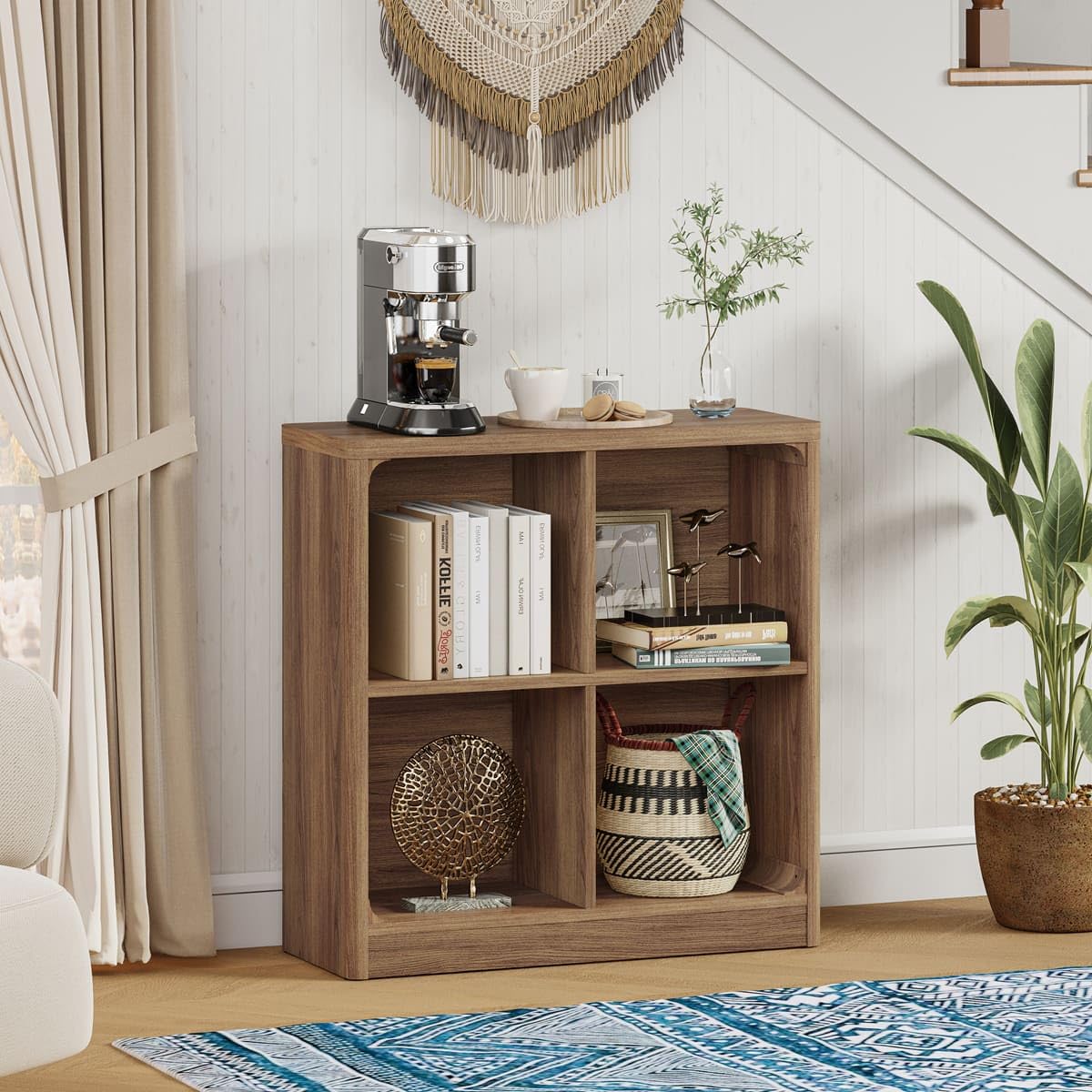FATORRI 4 Cube Storage Bookcase, Rustic Wood Cube Bookcase Shelf Organizer, Small Storage Bookshelf for Living Room, Bedroom, Office (Walnut, 29.53" W)