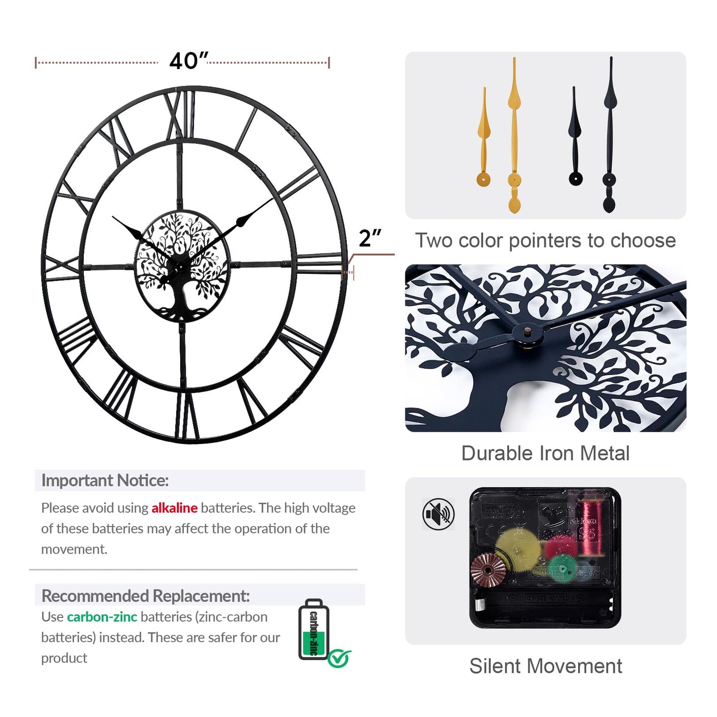 Ohweog 40 Inch Large Wall Clock for Living Room(Quick Assembly) – Black Metal Clock with Nature-Inspired Tree Design, Silent Non-Ticking, Battery Operated Roman Numeral Wall Clock for Home Decor
