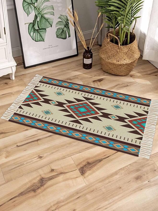 Boho Southwestern Runner Rug 3X5 Ft Bedroom Area Rug, Washable Woven Aztec Abstract Geometric Throw Carpet with Tassel, Non-Shedding Vintage Native American Patterned Dining Room Living Room Carpets
