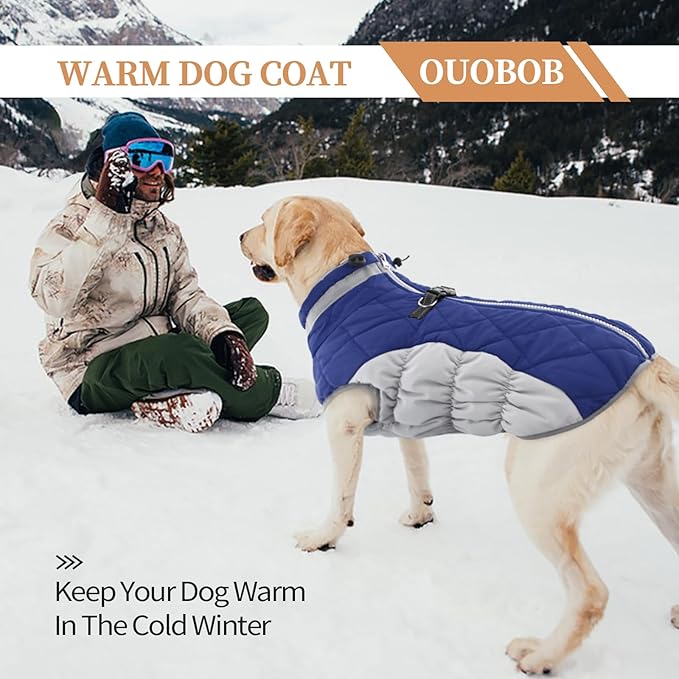 OUOBOB Winter Dog Coat,Large Dog Jacket,Waterproof Pet Jacket with Back Zipper,Pet Coat with Harness Built in,Warm Dogs Coat with Fleece Lined, Snow Jacket Clothes French Bulldog Shiba Inu,Blue,L