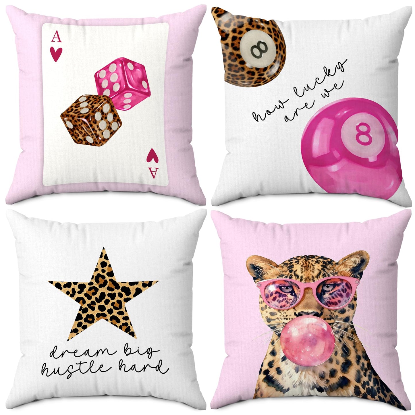 QITUF Pink Y2K Cheetah Pillow Cover 18x18 Set of 4, Trendy Leopard Lucky 8 Balls Throw Pillow Cover Decor for Teen Girls Dorm Bedroom, Preppy Retro Cheetah Print Decorative Pillowcase for Couch Sofa