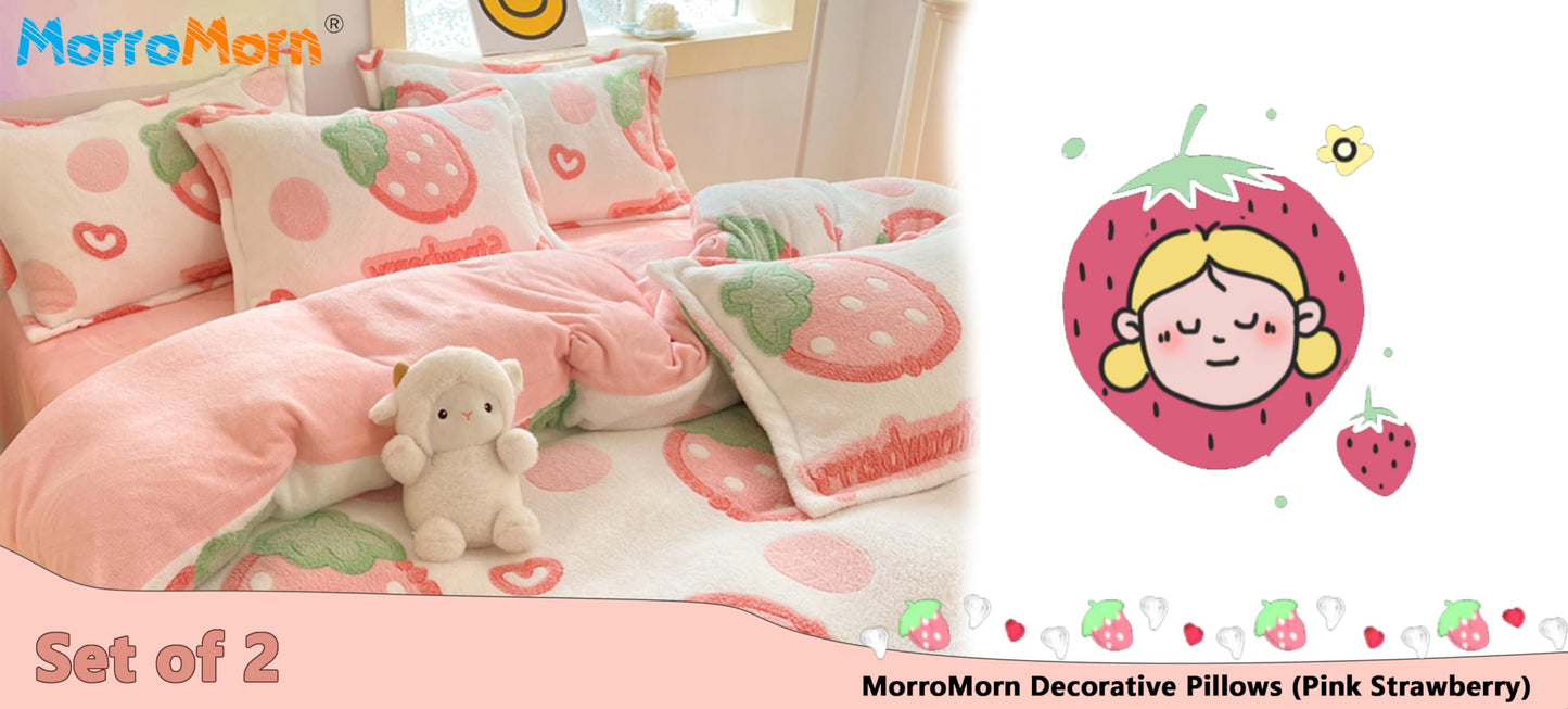 MorroMorn Decorative Pillows Covers Pink Kawaii, 2 Packs Plush Pillow Cases Standard Size, Soft Throw Pillowcase Cushion Shams with Zipper Closure Girls Room Decor (Pink Strawberry, Standard)