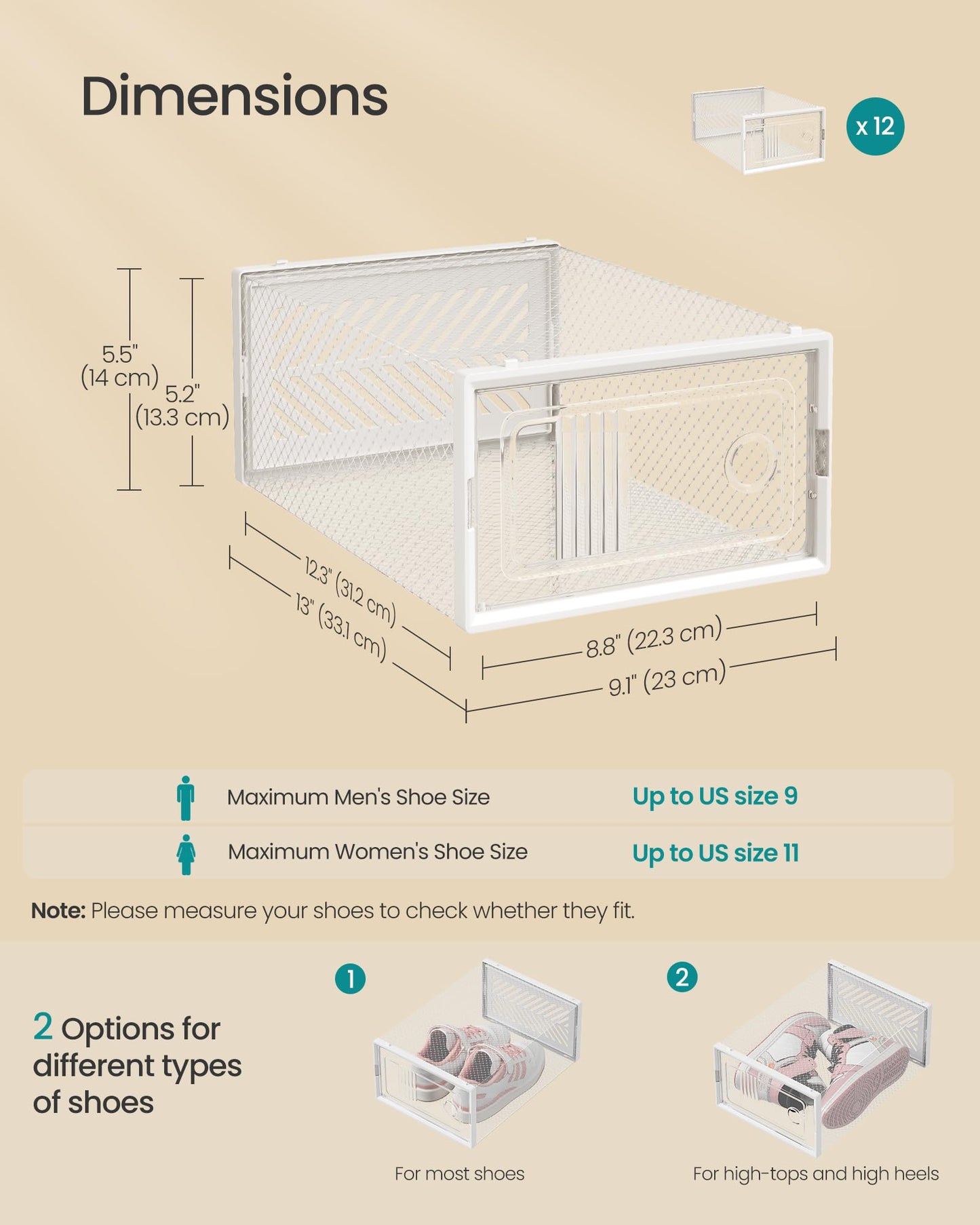 SONGMICS Stackable Shoe Boxes, Foldable Shoe Storage Organizers, Ventilated, for Max. Men's Shoes US Size 9 or Women's Shoes US Size 11, Sneakers, Set of 12, Transparent and White ULSP106W12V2
