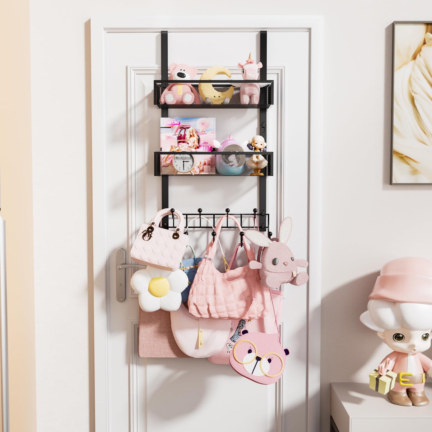 HapiRm Over the Door Hanger with Coat Hooks and 2 Baskets, Rustproof & Waterproof Over the Door Hooks, Storage Organizer for Hats, Bathroom, Kitchen, Bedroom, RV, Camper-Black (for 1.76in Doors)