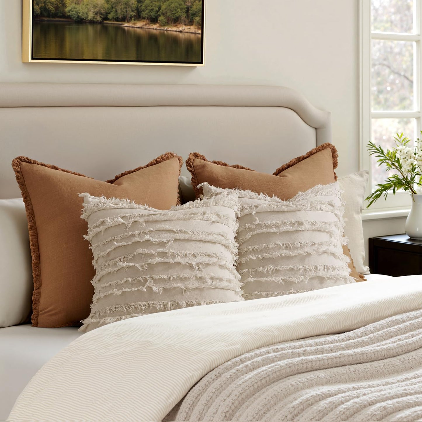 MIULEE Decorative Boho Throw Pillow Covers Set of 2 Spring Neutral Beige Linen Striped Jacquard Pattern Modern Cushion Covers for Sofa Couch Living Room Bedroom 20x20 Inch Home Decor