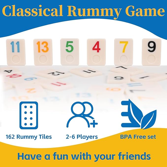 Premium Rummy Cube Game Set 6 Colors with 6 Wooden Holders and 162 Rummy Tiles, Travel Family Board Game for Adults and Kids Age 8+,Birthday Gifts for Women Men Dad Mom