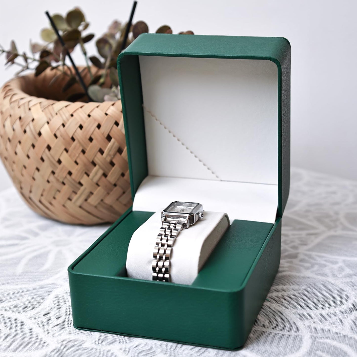 Noyulin Luxury Forest Green Leather Watch Box, Elegant Jewelry Display Case for Watches, Bracelets & Jewelry, Soft Artificial Leather with Oval Support, Durable & Lightweight Organizer Box (Green)