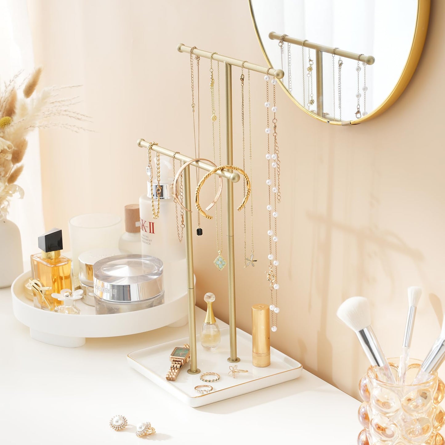 Lolalet Necklace Holder, Jewelry Display Stand with Ceramic Base Tray Jewelry Organizer Tree for Necklaces Bracelets Earrings Rings -White, 2 Tiers