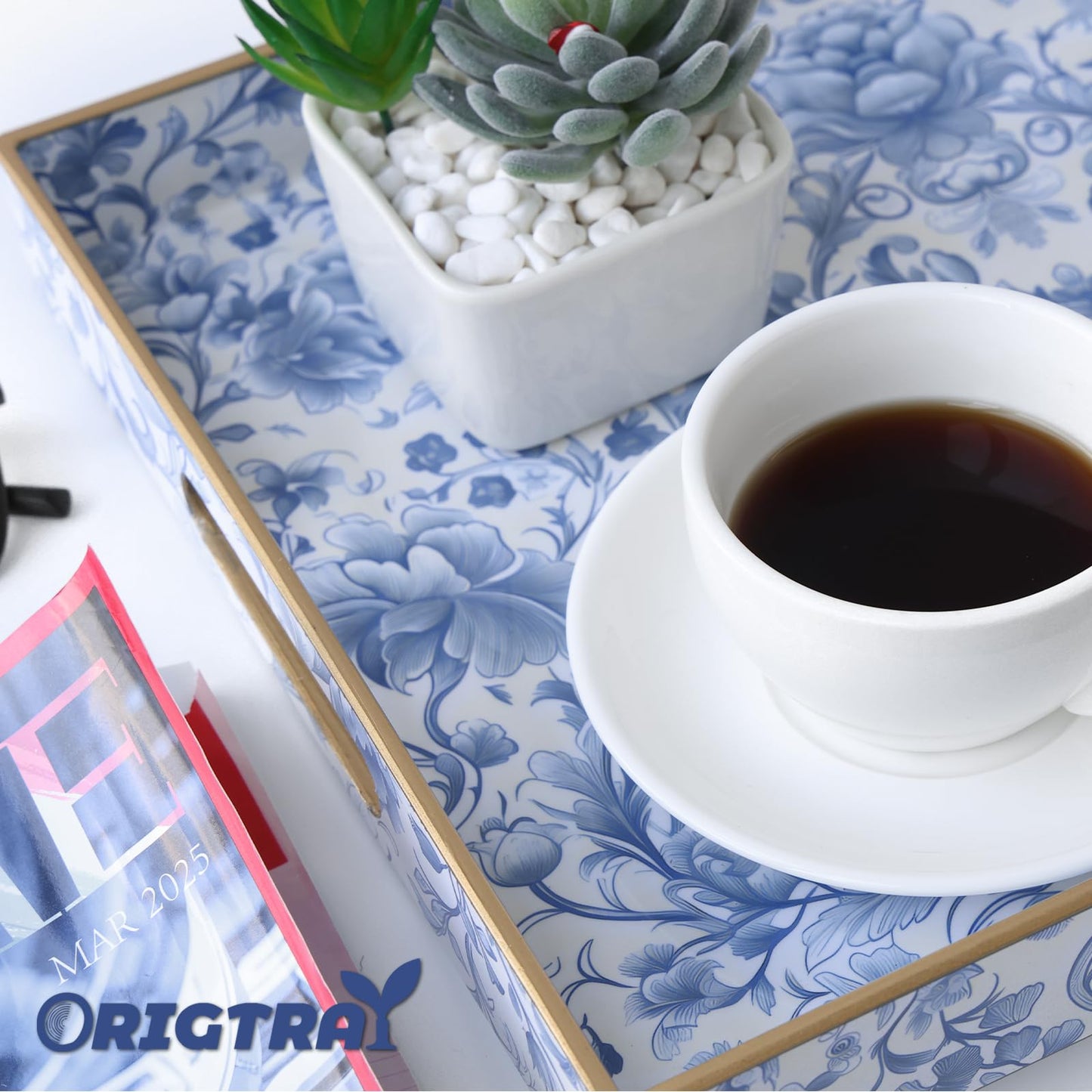 ORIGTRAY Serving Tray with Handles, Rectangular Plastic Tray 15.75x11.81 Inch, Blue and White Peony Chinese Porcelain Style Decorative Tray for Kitchen, Dining Table, Vanity, Office & Home