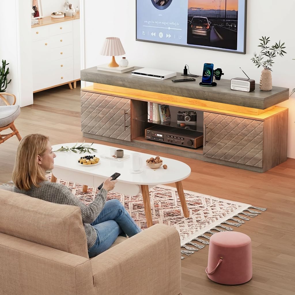 BOXACTION TV Stand for TVs Up to 65 Inch, Entertainment Center with Power Outlet, RGB LED Lights, Adjustable Glass Shelf, Storage Cabinets, Media Console Table for Living Room, Grey