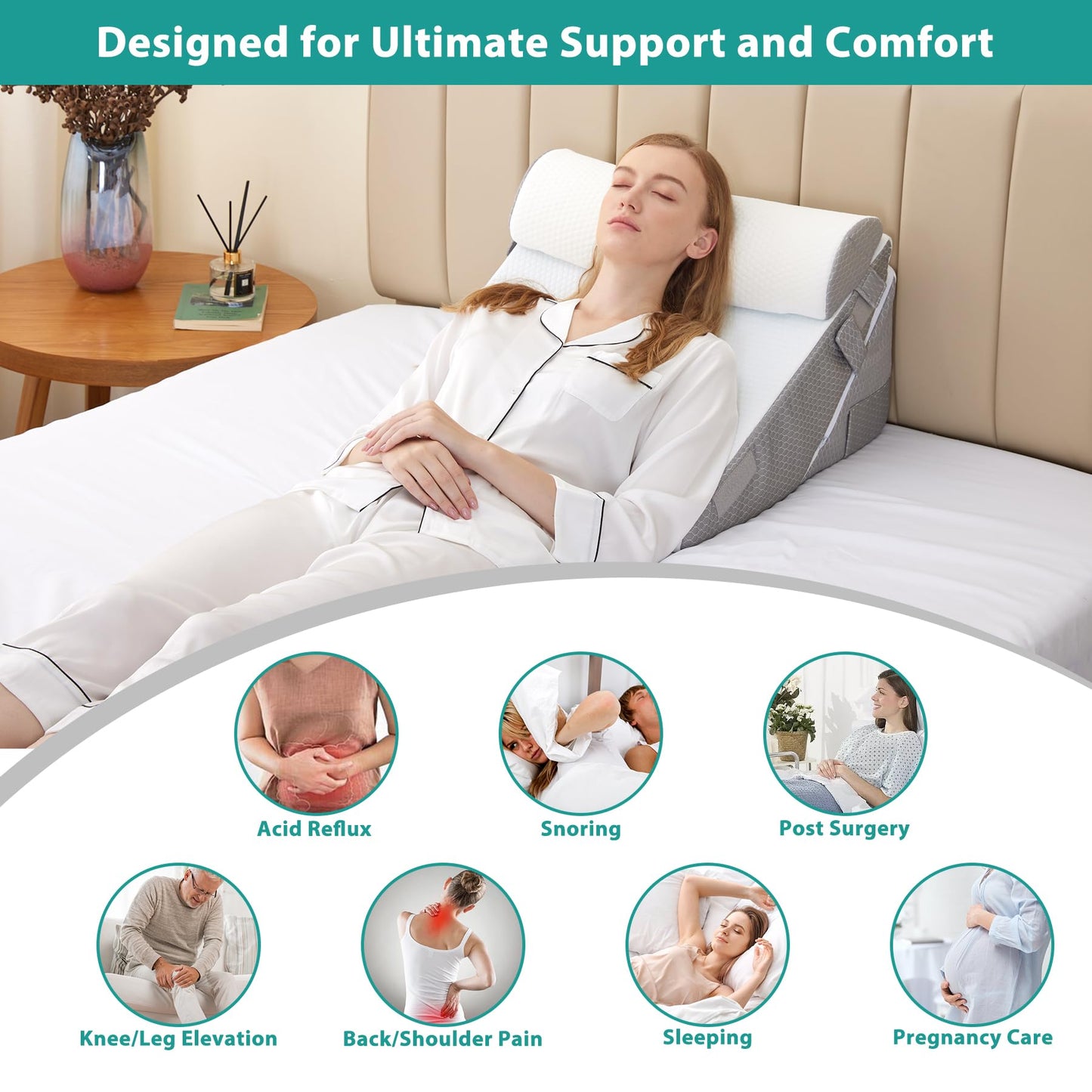Bedluxe Wedge Pillow Headboard, 3PCS Orthopedic Bed Wedge Pillows Set for After Surgery, Adjustable Pillow Wedge for Acid Reflux&Back Pain Relief, Sleeping, Back Pillow for Bed Sitting Up, White/Grey