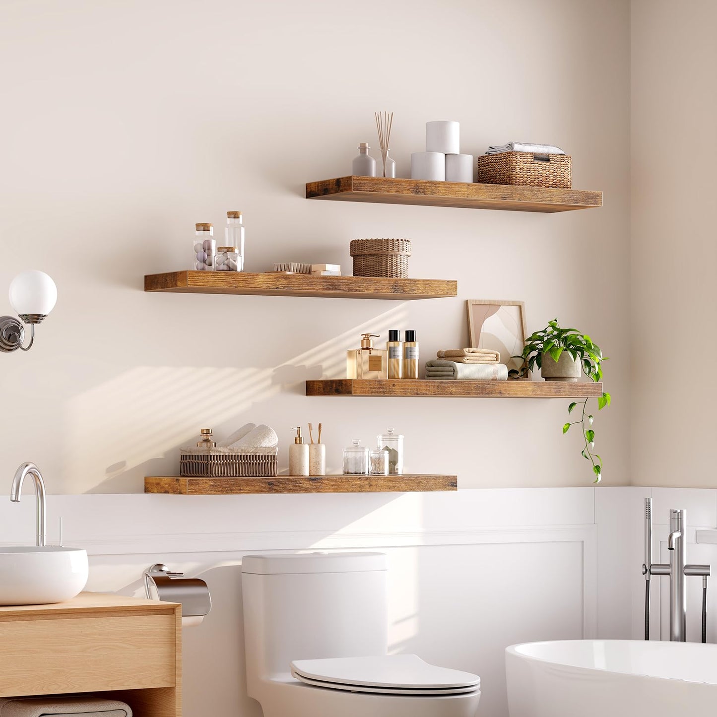 RALGEND Floating Shelves for Wall, 31.5" Long Wall Shelf Set of 4 with Invisible Brackets, 1.5" Thick Hanging Shelves Farmhouse Home Decor for Bathroom, Living Room, Bedroom, Rustic Brown 8301BJP4BF