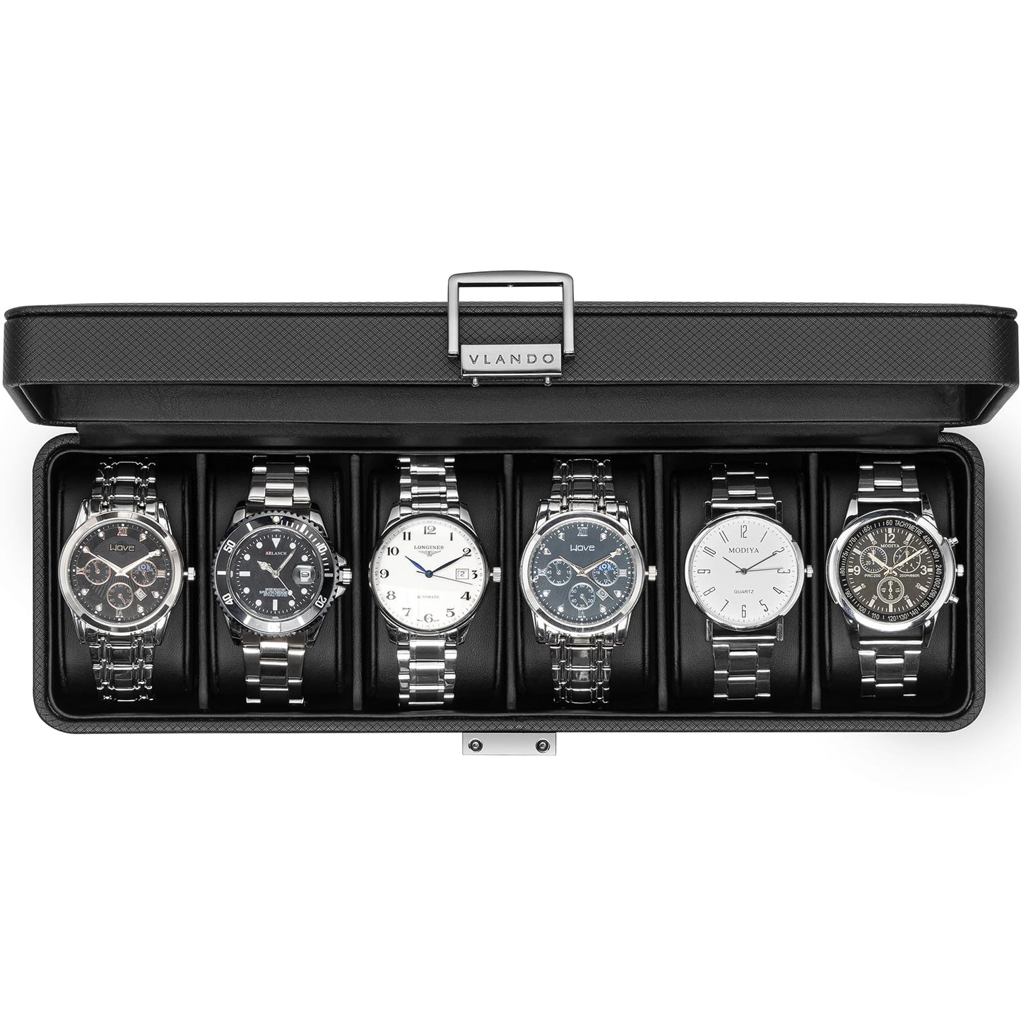 VLANDO 6-Slot Watch Case for Men, Watch Box with Glass Lid, Lockable Watch Holder, Business Textured Leather Organizer Display Case, Soft Pillow, Gifts for Fathers, Dad, Husband, Valentines - Black