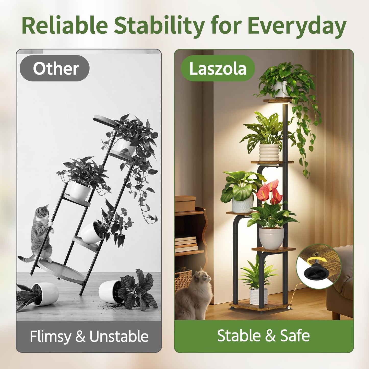 LASZOLA 5 Tiered Plant Stand Tall for Indoor Corner with Grow Lights, Modern Multiple Flower Display Rack with Wooden Tray, Vertical Planter Shelf for Living Room Bedroom Patio Garden Balcony, Black