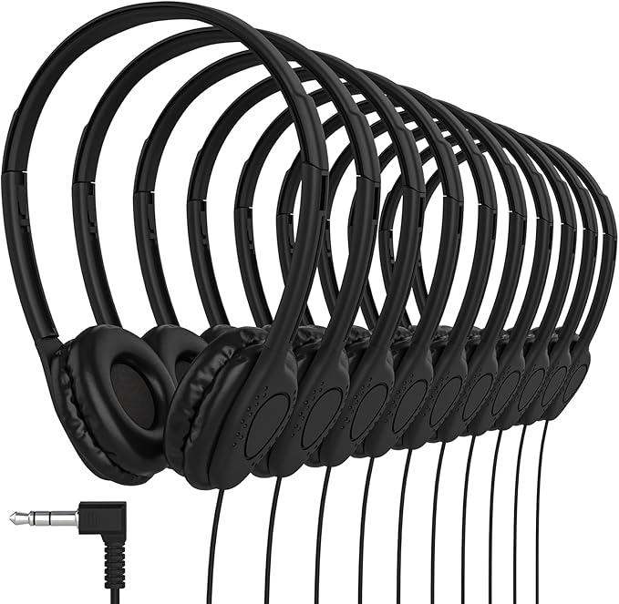 Maeline Bulk Classroom Student Headphones On Ear Stereo Headphones Adjustable Band & Faux Leather Cushions for Kids Online Learning, Library, School, Travel - 3.5mm Plug - 400 Pack - Black