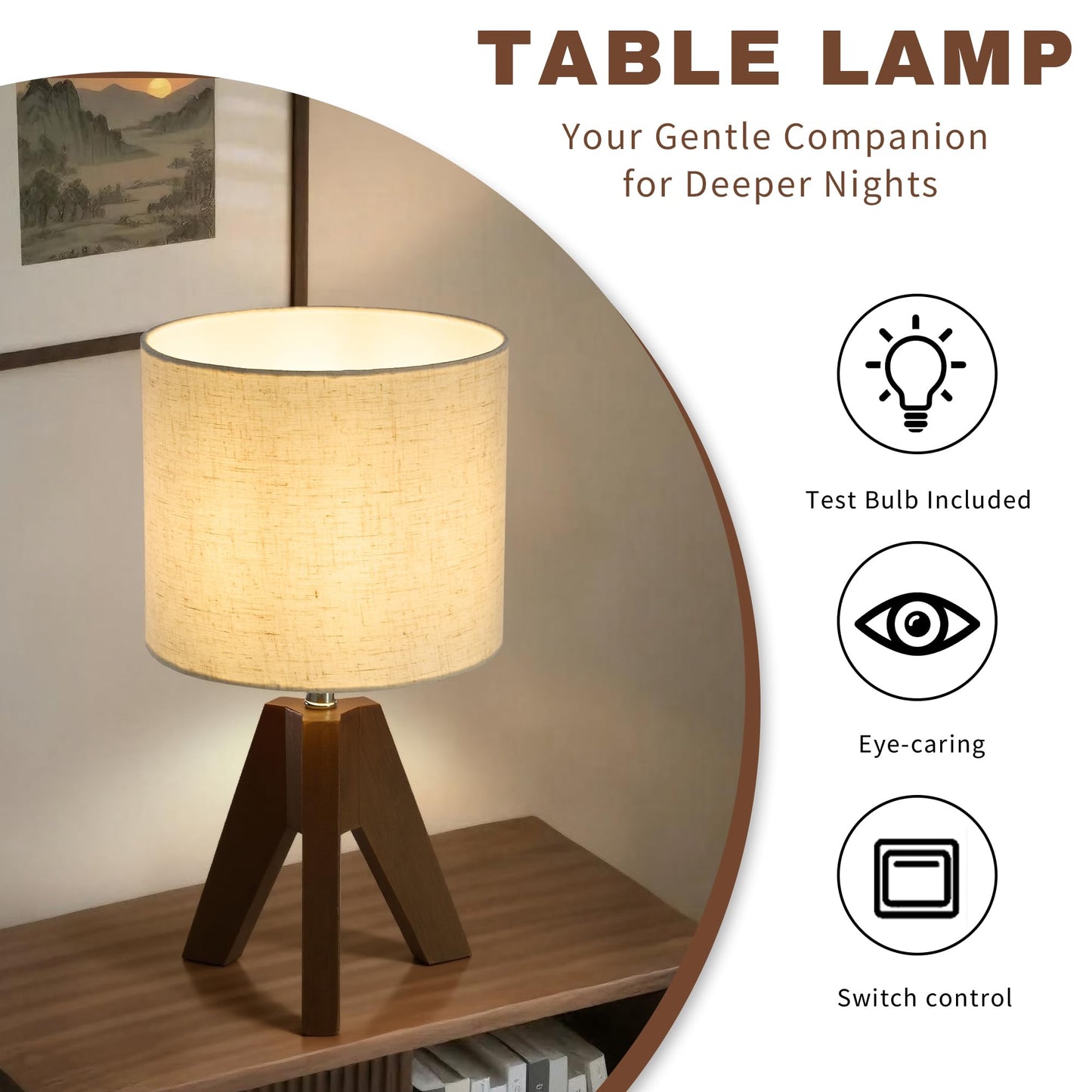 Booniture Set of 2 Tripod Table Lamps,Stepless Dimmable Small Bedside Lamps with Beige Linen Shade, Boho Modern Nightstand Lamps for Bedroom Living Room Office,E26 Socket, Walnut