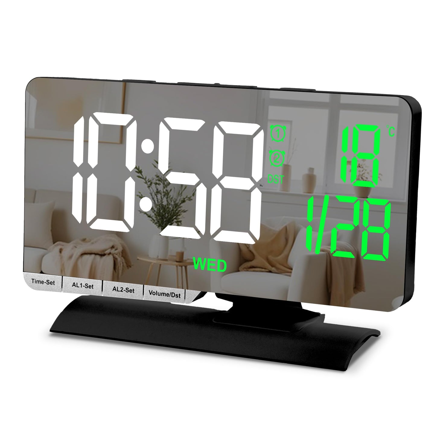 SZELAM Digital Clock,Alarm Clock Bedside,7.3'' Large LED Mirror with Date Display,Temperature,Dual Alarm with 3 Mode,Brightnee Adjust,DST,USB C Charging Port,5 Levels Volume for Desk Bedroom Teens
