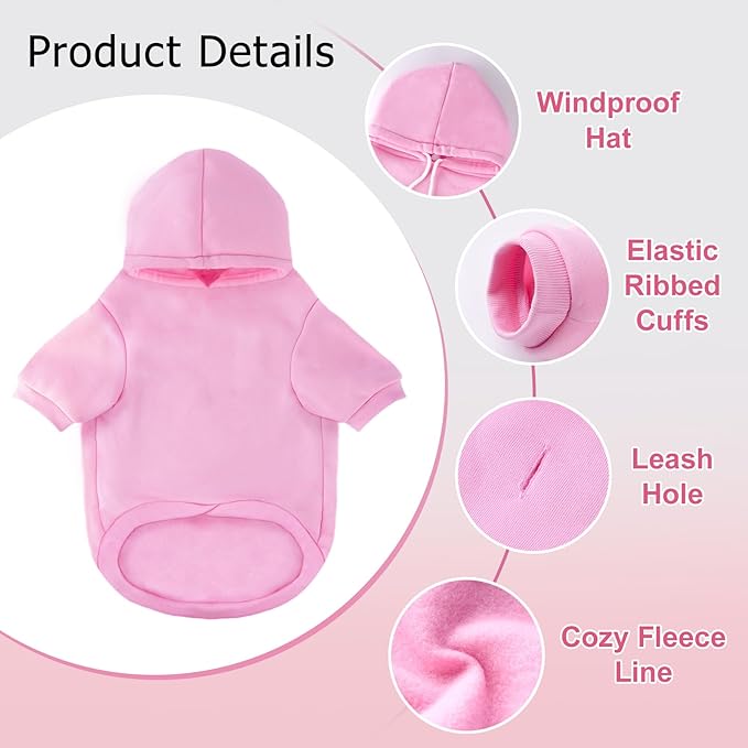 BAOBICUTE Dog Basic Hoodie Soft Dog Clothes Cold Weather Sweaters for Medium Large Dogs Cozy Fabric Warm Sweatshirt with Leash Hole (Pink, XS (Back: 10.24",Chest: 14.96", Neck: 11.42"))