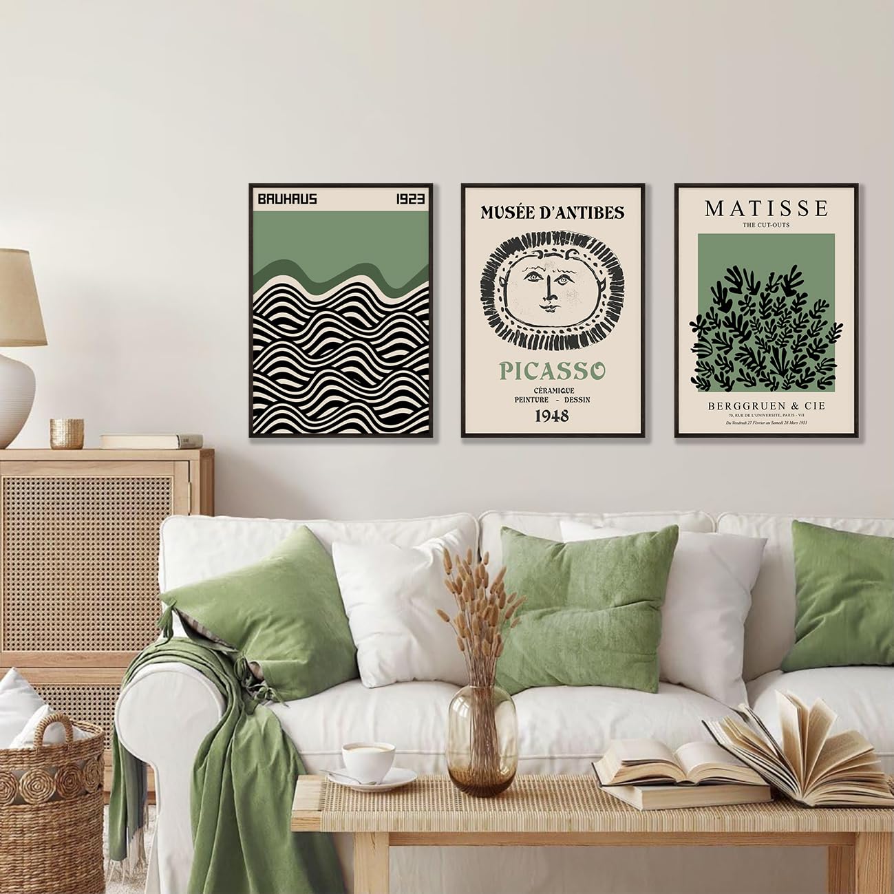 Picasso Matisse Bauhaus Canvas Wall Art Prints Set of 3 Sage Green Modern Minimalist Large Wall Decor Picture Aesthetic Art Paintings Posters for Gallery Bedroom Living Room Decor 16x24 inch Unframed