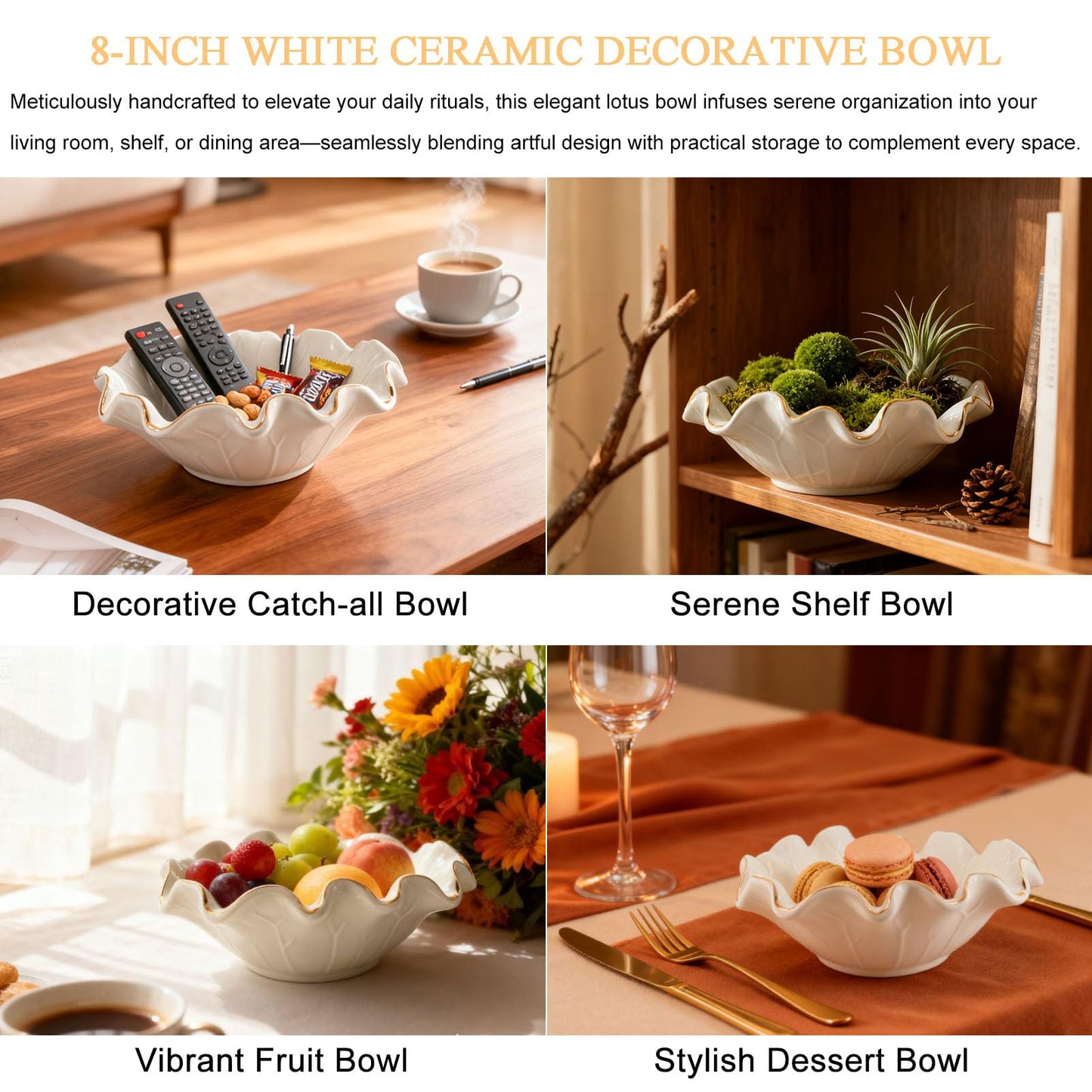 Aimtobest Handcrafted 8" White Ceramic Ruffle Bowl with Gold Trim – Modern Lotus Design, Small Shallow Decorative Bowl for Kitchen Counter & Key Holder for Entryway Table, Catch-All for Home Decor
