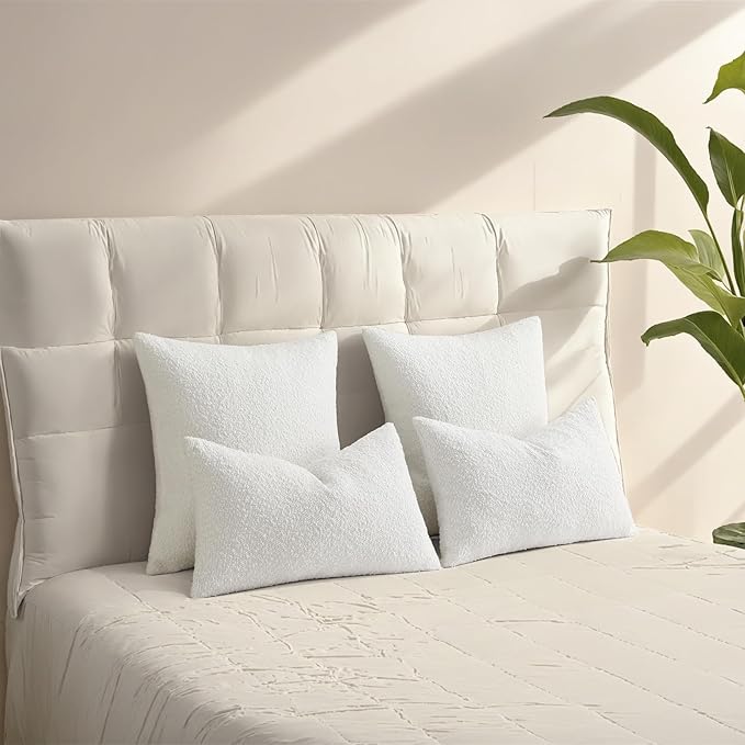 HAUSSY Christmas White Set of 2 24x24 Decorative Throw Pillow Covers, Soft Cozy European Pillow Shams Textured Boucle, Home Decor for Couch Bed Living Room