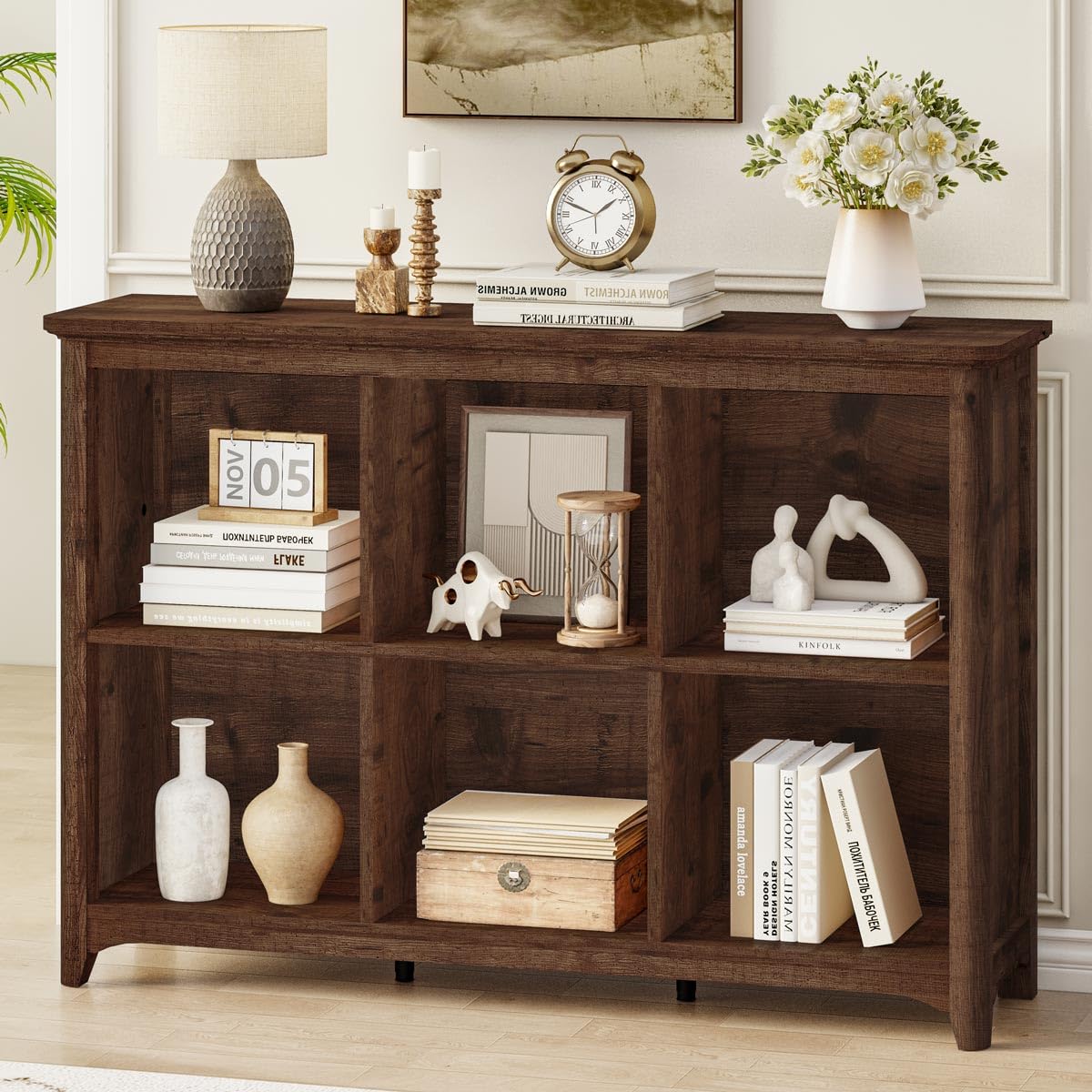 BON AUGURE 6 Cube Storage Bookcase, Horizontal Wooden Bookshelf with Curved Edge, 3 Tier Cubby Organizer Book Shelf for Living Room, Bedroom, Home Office (Rustic Oak, 43 Inch)