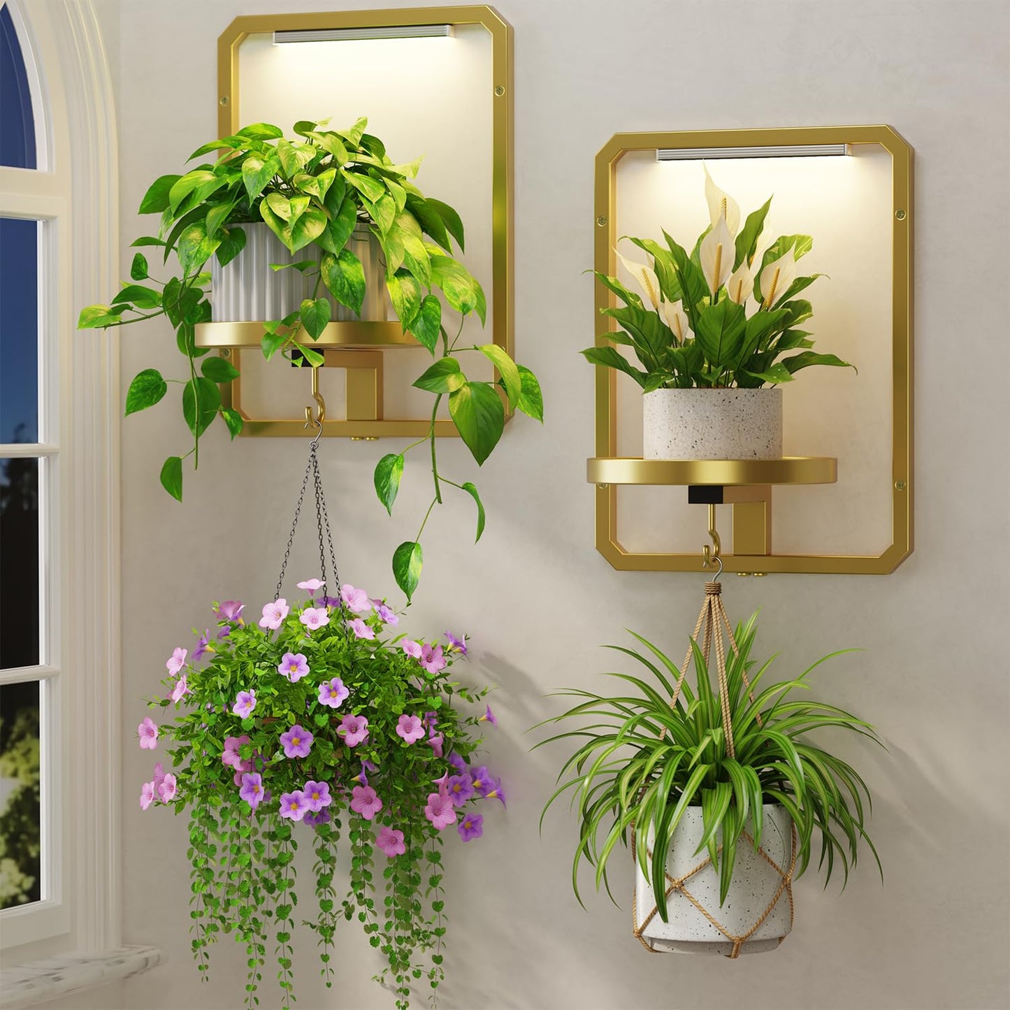 LASZOLA Plant Picture Frame Holder Wall Mount Indoor Window with 2 Grow Light, 2 Pack Modern Floating Flower Stand Shelf with Hooks, Metal Hanger Display Decor for Living Room, Gold