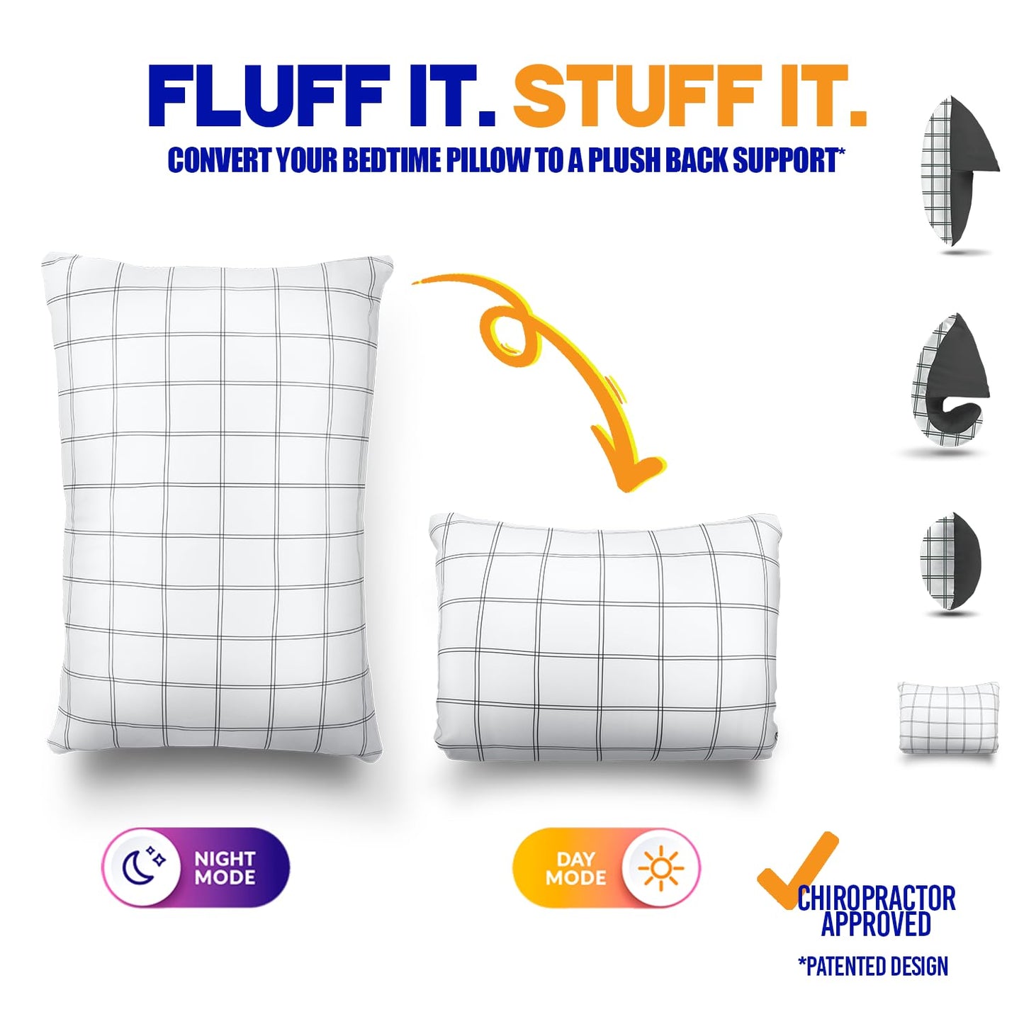 DozyBoy Fluff and Stuff Comfort Pillow | Queen Size Memory Foam Pillows, Chiropractor Designed and Approved 2-in-1 Back Support and Bed Pillows | Fully Adjustable Pillow (Checker, Queen (Pack of 1))