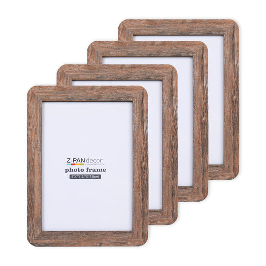 ZPAN 5x7 Picture Frames Set of 4, Barn Wood Picture Frame with Real Glass, Rustic Wooden Picture Frame with Rounded Corners, Suitable for Hanging or Tabletop Display (Barn Wood)