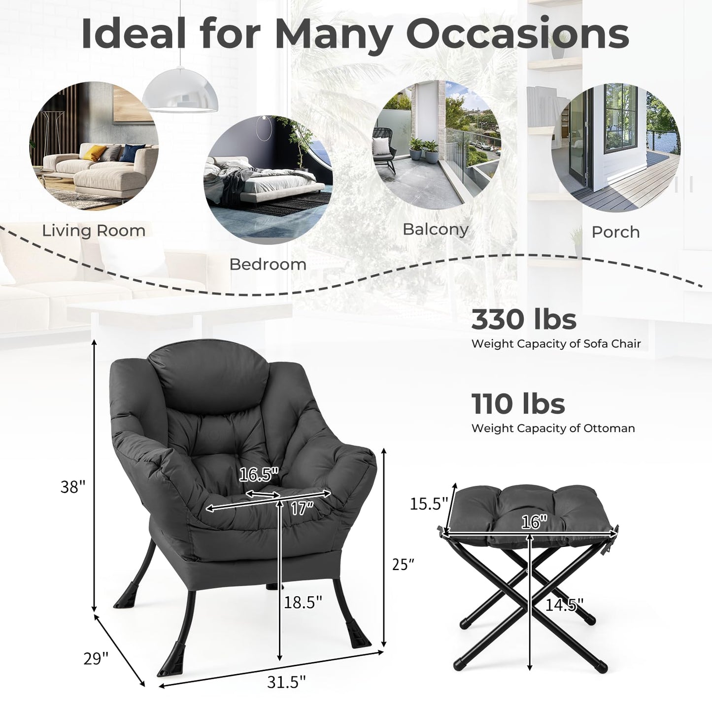 KOMFOTT Lazy Chair with Ottoman, Leisure Upholstered Reading Sofa Chair with Armrests & Side Pocket, Modern Lounge Accent Chair with Folding Footrest for Living Room, Bedroom, Balcony, Grey